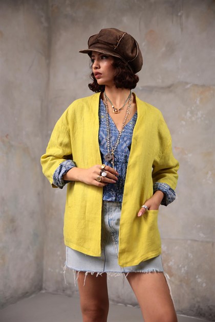 Sarı Kısa Kollu İnce Keten Ceket - Şaman Butik - Bohem Giyim ve Aksesuar | Kadın & Erkek Sarı Kısa Kollu İnce Keten Ceket