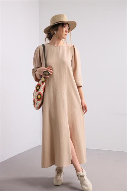 Bej Kolu Lastikli Önü Yırtmaçlı Elbise - Şaman Butik Bej Kolu Lastikli Önü Yırtmaçlı Elbise