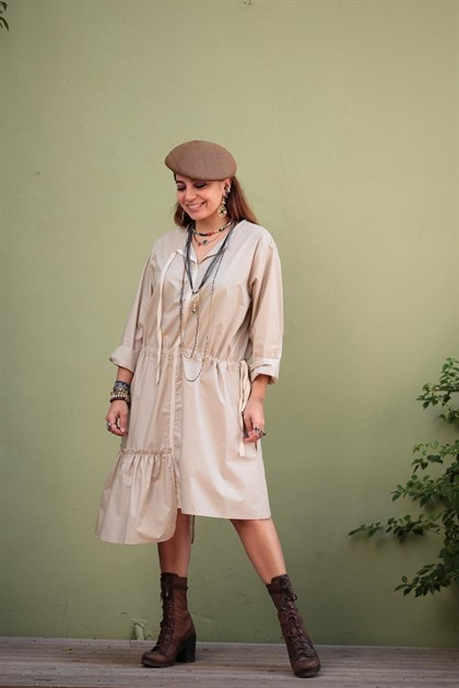 Bej Tek Tarafı Fırfırlı Elbise - Şaman Butik  - Bohem Giyim ve Aksesuar | Kadın & Erkek Bej Tek Tarafı Fırfırlı Elbise