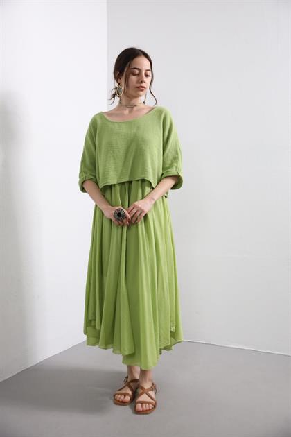 Fıstık Yeşili Askılı Bluz Detaylı Elbise - Şaman Butik Fıstık Yeşili Askılı Bluz Detaylı Elbise