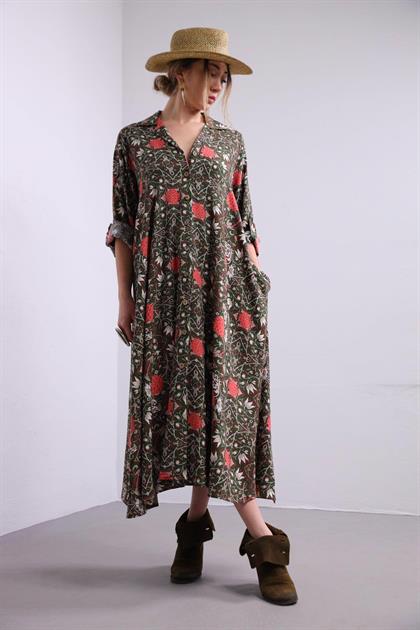 Haki Çiçek Desenli Gömlek Elbise - Şaman Butik Haki Çiçek Desenli Gömlek Elbise