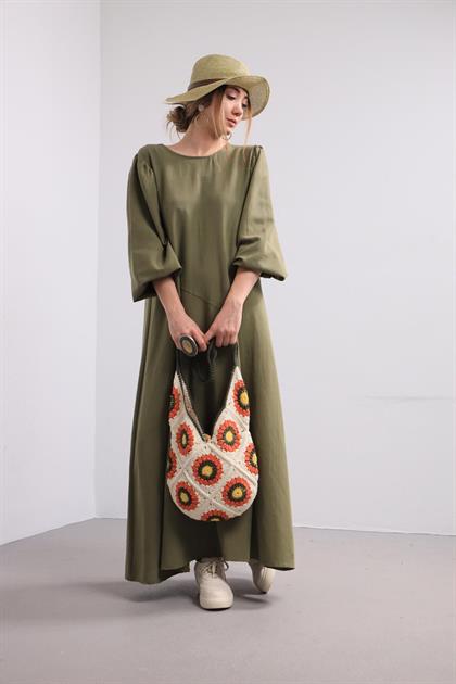 Haki Kolu Lastikli Önü Yırtmaçlı Elbise - Şaman Butik Haki Kolu Lastikli Önü Yırtmaçlı Elbise
