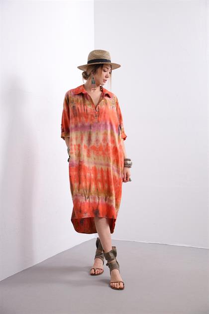 Kiremit Rengi Batikli Arkası Halkalı Elbise - Şaman Butik - Bohem Giyim ve Aksesuar | Kadın & Erkek Kiremit Rengi Batikli Arkası Halkalı Elbise