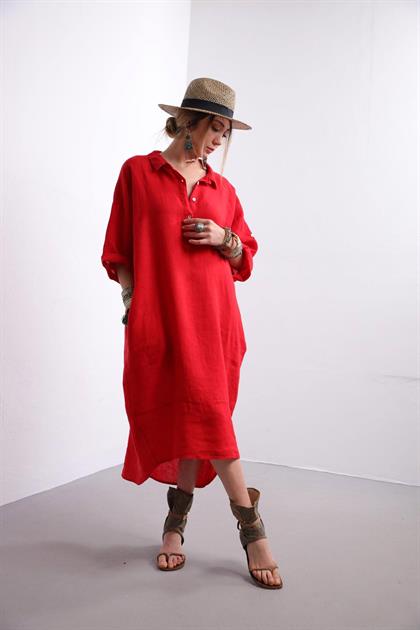 Kırmızı Arkası Halkalı Keten Gömlek Elbise - Şaman Butik - Bohem Giyim ve Aksesuar | Kadın & Erkek Kırmızı Arkası Halkalı Keten Gömlek Elbise