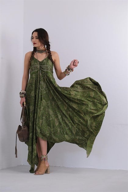 Koyu Yeşil Şal Desenli İp Askılı Derin Sırt Dekolteli Elbise - Şaman Butik Koyu Yeşil Şal Desenli İp Askılı Derin Sırt Dekolteli Elbise