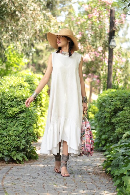 Krem Rengi Kolsuz Eteği Tül Detaylı Elbise - Şaman Butik Krem Rengi Kolsuz Eteği Tül Detaylı Elbise