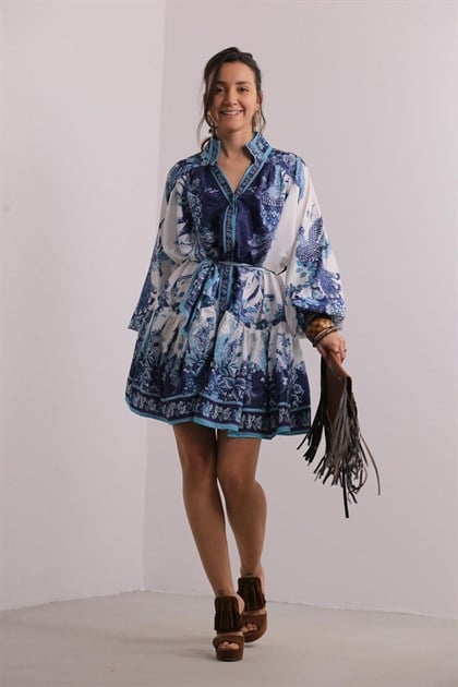 Mavi Barok Desen Kısa Şık Elbise - Şaman Butik - Bohem Giyim ve Aksesuar | Kadın & Erkek Mavi Barok Desen Kısa Şık Elbise