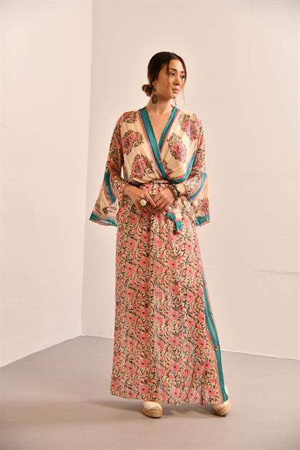 Pembe Desenli Sim Detaylı Uzun Elbise - Şaman Butik Pembe Desenli Sim Detaylı Uzun Elbise