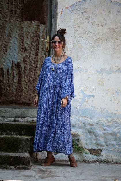 Mavi Beyaz Minik Çiçekli Kolu Fırfırlı Elbise - Şaman Butik - Bohem Giyim  ve Aksesuar | Kadın & Erkek