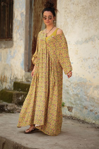 Sarı Çiçekli Önü Düğmeli Elbise - Şaman Butik Sarı Çiçekli Önü Düğmeli Elbise