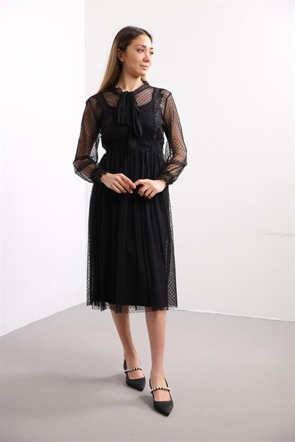 Siyah Gül Desenli İçi Astarlı Tül Elbise - Şaman Butik Siyah Gül Desenli İçi Astarlı Tül Elbise