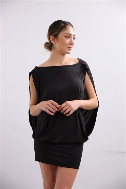 Siyah Kayık Yaka Mini Jarse Elbise - Şaman Butik Siyah Kayık Yaka Mini Jarse Elbise