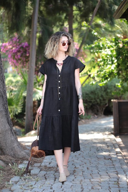 Siyah Kolsuz V Yaka Keten Elbise - Şaman Butik Siyah Kolsuz V Yaka Keten Elbise