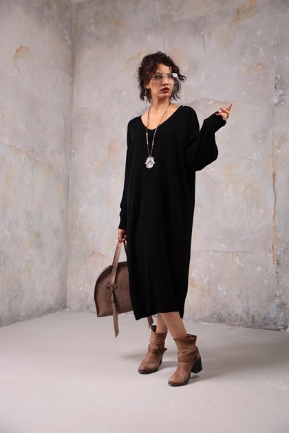 Siyah V Yaka Triko Uzun Elbise - Şaman Butik Siyah V Yaka Triko Uzun Elbise