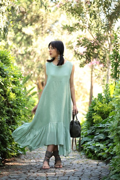 Su Yeşili Kolsuz Eteği Tül Detaylı Elbise - Şaman Butik Su Yeşili Kolsuz Eteği Tül Detaylı Elbise