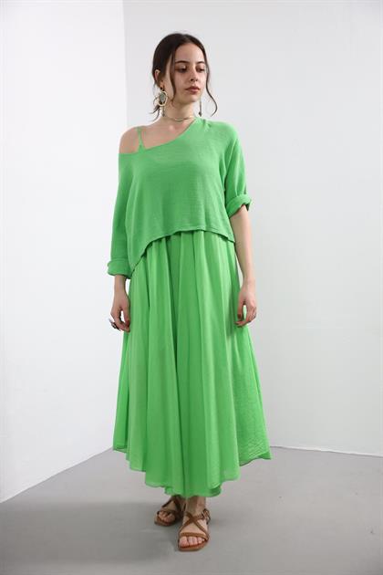 Yeşil Askılı Bluz Detaylı Elbise - Şaman Butik Yeşil Askılı Bluz Detaylı Elbise