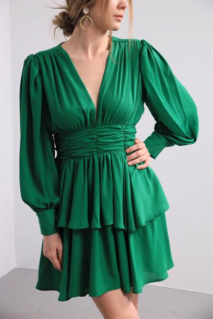 Yeşil Katlı Kemer Detaylı Şifon Elbise - Şaman Butik Yeşil Katlı Kemer Detaylı Şifon Elbise