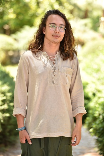 Krem Yakası Bağcıklı Bohem Erkek Gömlek - Şaman Butik  - Online Alışveriş Sitesi | Kadın ve Erkek Giyim Krem Yakası Bağcıklı Bohem Erkek Gömlek