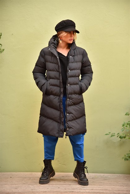 Black Hooded Mid-Length Puffer Coat - Saman Butik | Shop Online