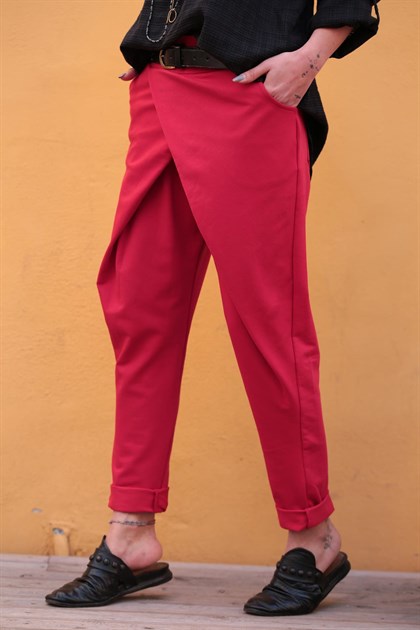 Kırmızı Önü Kruvaze Şalvar Pantolon - Şaman Butik Kırmızı Önü Kruvaze Şalvar Pantolon