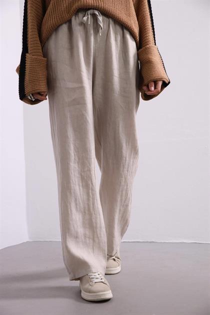 Krem Rengi Boru Paça Keten Pantolon - Şaman Butik Krem Rengi Boru Paça Keten Pantolon