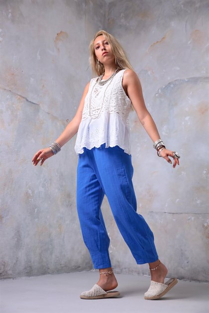 Mavi Beli Lastikli Pantolon - Şaman Butik Mavi Beli Lastikli Pantolon