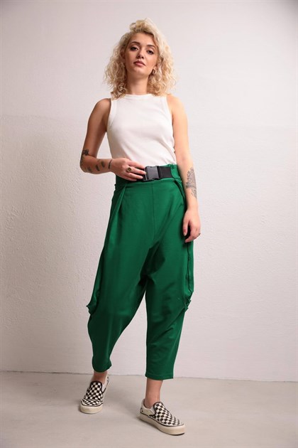 Zümrüt Yeşili Ağı Düşük Kemer Detay Şalvar Pantolon - Şaman Butik Zümrüt Yeşili Ağı Düşük Kemer Detay Şalvar Pantolon