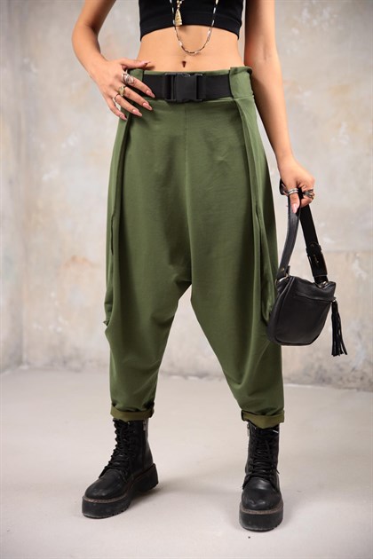 Haki Ağı Düşük Kemer Detay Şalvar Pantolon - Şaman Butik - Bohem Giyim ve Aksesuar | Kadın & Erkek Haki Ağı Düşük Kemer Detay Şalvar Pantolon