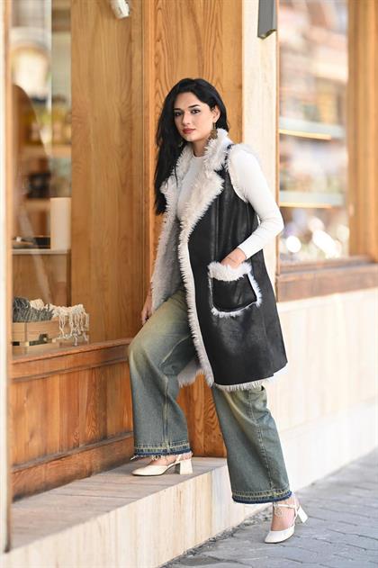 Siyah İçi Kürklü Uzun Süet Yelek