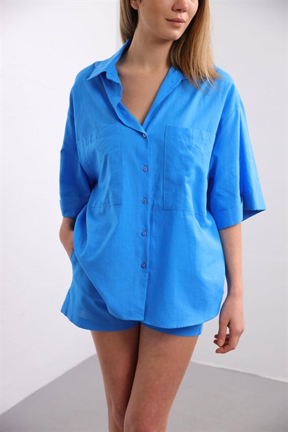 İndigo Mavi Büyük Cepli Gömlek Şort Takım - Şaman Butik İndigo Mavi Büyük Cepli Gömlek Şort Takım