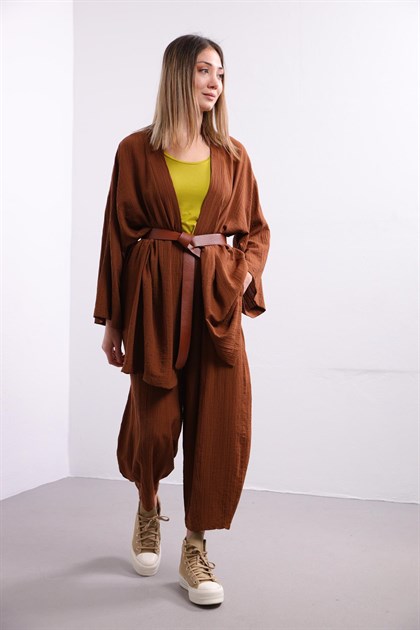Kahverengi Gofre Kimono Pantolon Takım - Şaman Butik Kahverengi Gofre Kimono Pantolon Takım