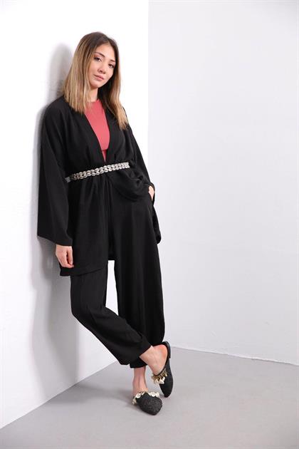 Siyah Gofre Kimono Pantolon Takım - Şaman Butik - Bohem Giyim ve Aksesuar | Kadın & Erkek Siyah Gofre Kimono Pantolon Takım
