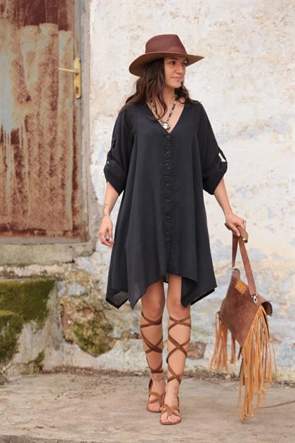 Siyah Tahta Düğmeli Asimetrik Kesim Tunik Elbise - Şaman Butik  - Bohem Giyim ve Aksesuar | Kadın & Erkek Siyah Tahta Düğmeli Asimetrik Kesim Tunik Elbise