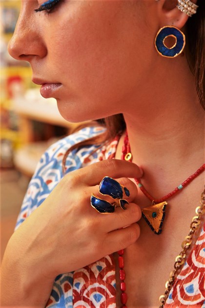 Dalga Tasarım Lacivert Emaye Kaplı Yüzük - Şaman Butik - Bohem Giyim ve Aksesuar | Kadın & Erkek Dalga Tasarım Lacivert Emaye Kaplı Yüzük