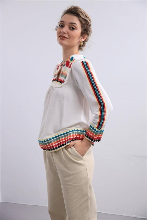 White Tassel Blouse with Embroidered Sleeves and Collar
