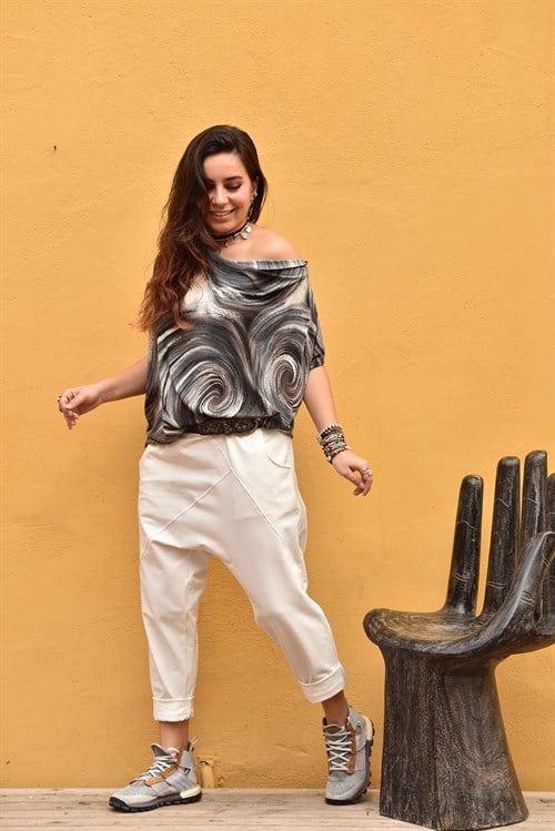 Wind Patterned Cowl Neck Blouse - Şaman Butik | Boho Fashion Wind Patterned Cowl Neck Blouse