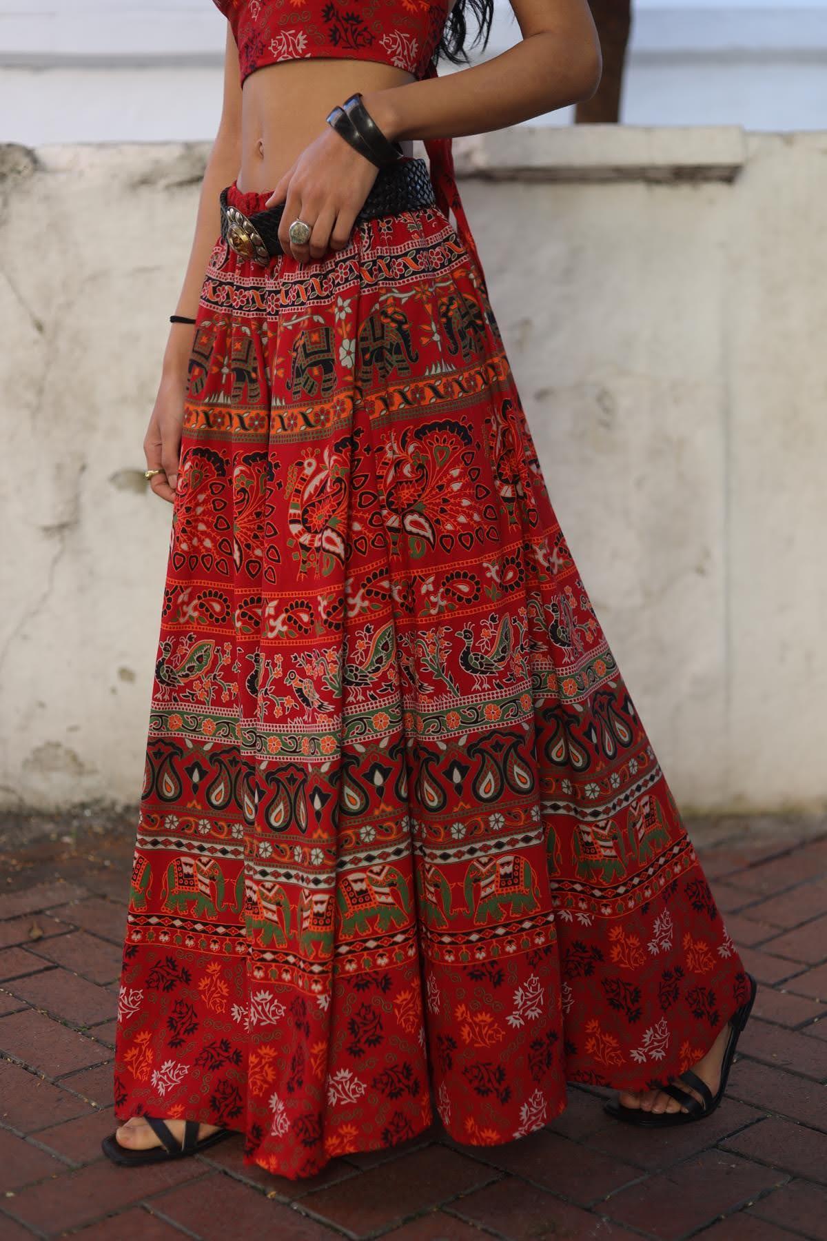 Kırmızı Otantik Desenli Beli Lastikli Etek