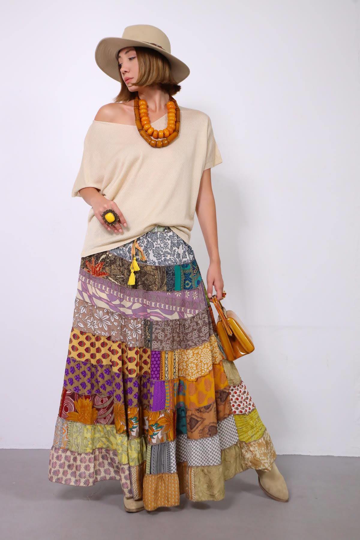 Renkli Patchwork Otantik İpek Etek - Şaman Butik Renkli Patchwork Otantik İpek Etek