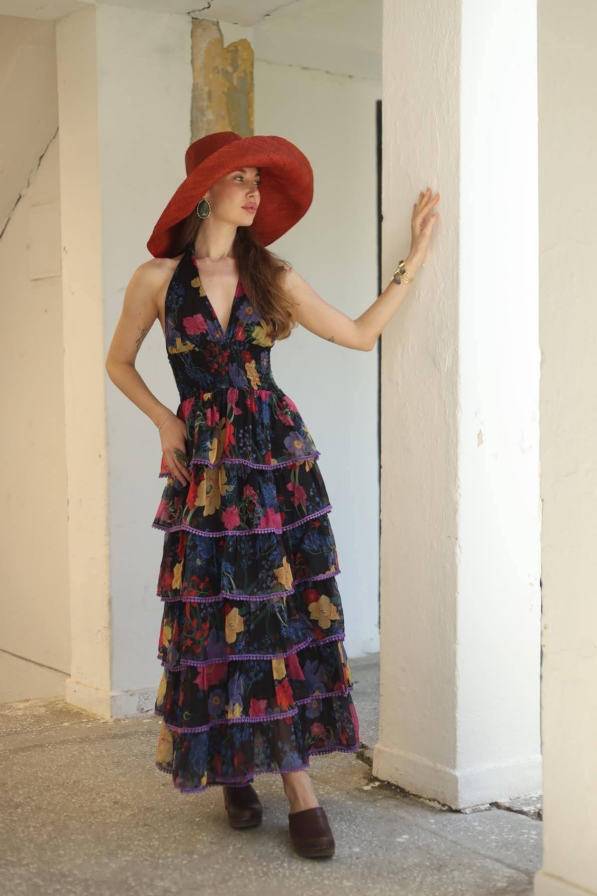 Siyah Desenli Kat Kat Şifon İpek Elbise