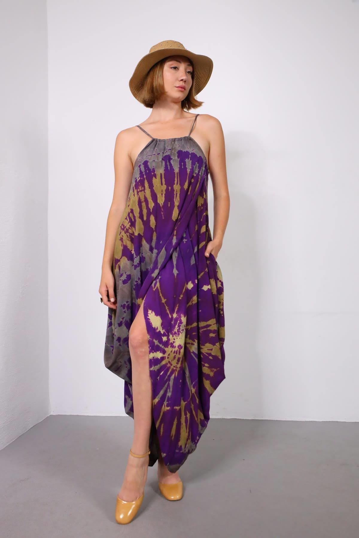 Mor Batikli Yırtmaçlı Elbise - Şaman Butik Mor Batikli Yırtmaçlı Elbise