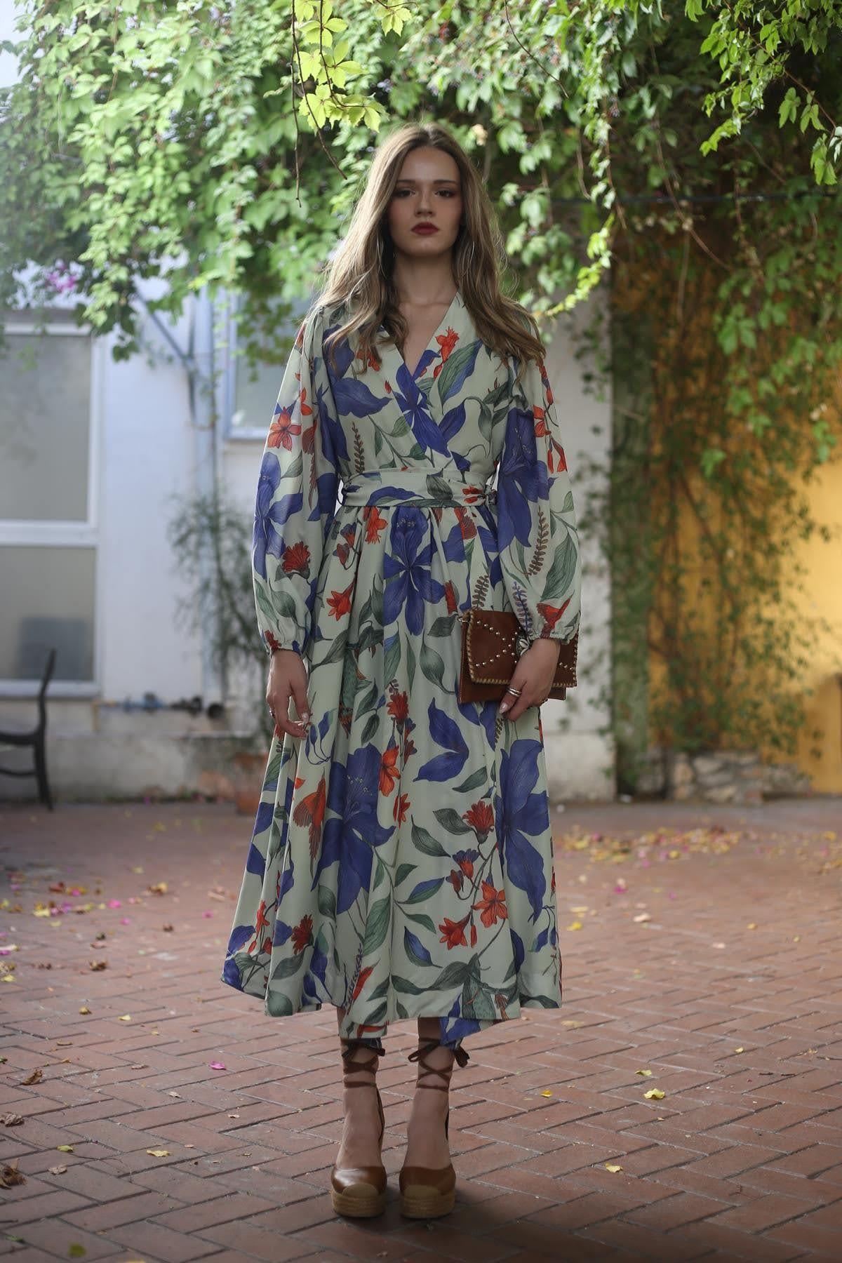 Su Yeşili Desenli Anvelop Elbise