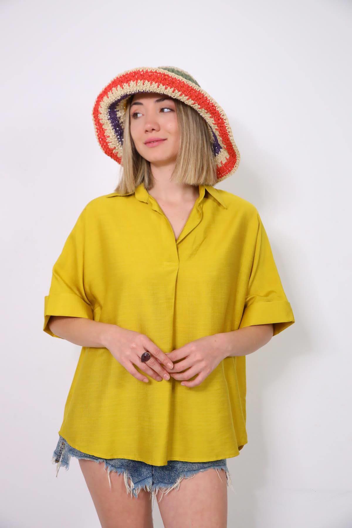 Hardal Rengi Gömlek Yaka Önü Pileli Bluz - Şaman Butik Hardal Rengi Gömlek Yaka Önü Pileli Bluz