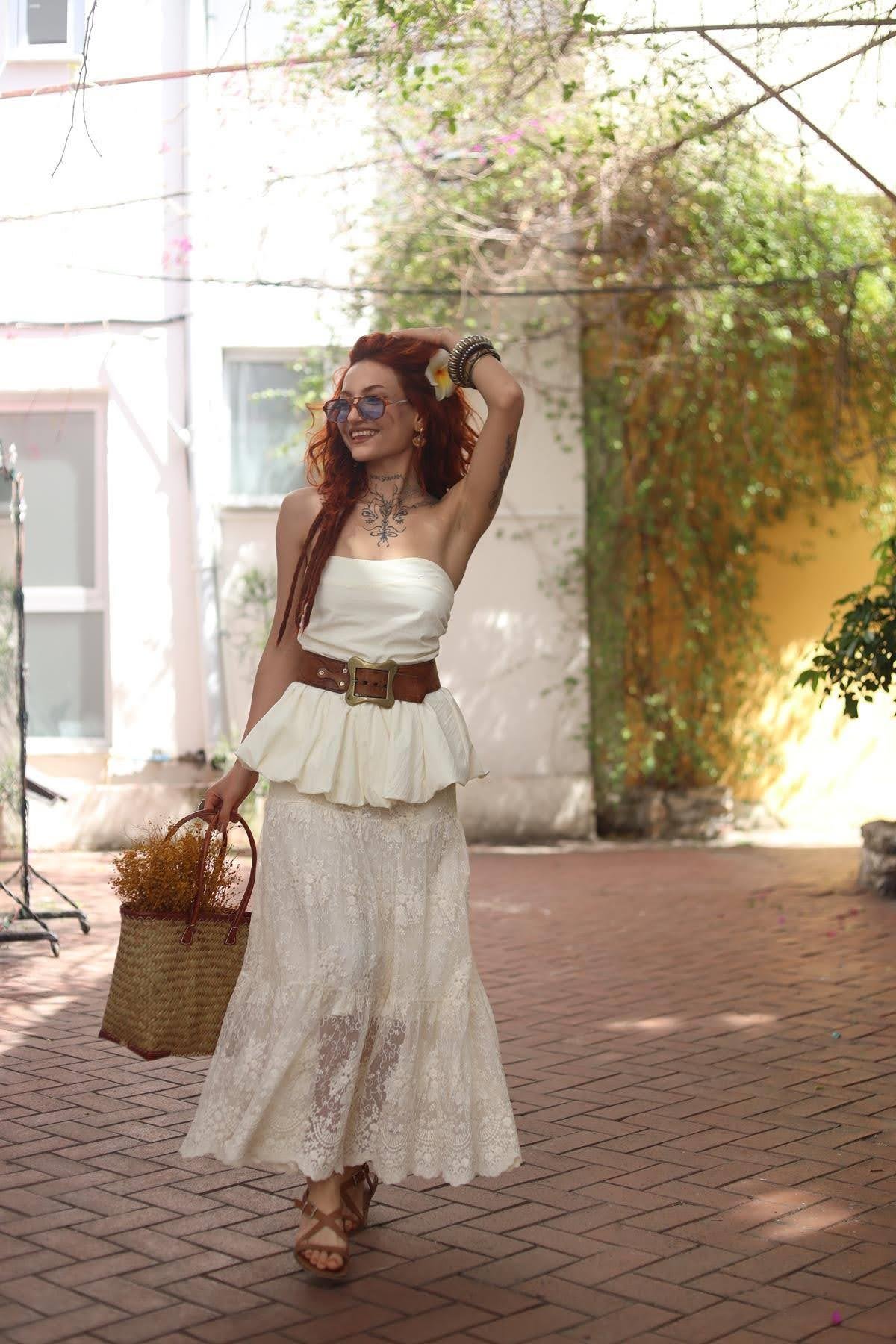 Krem Rengi Beli Lastikli Güpür Dantel Etek