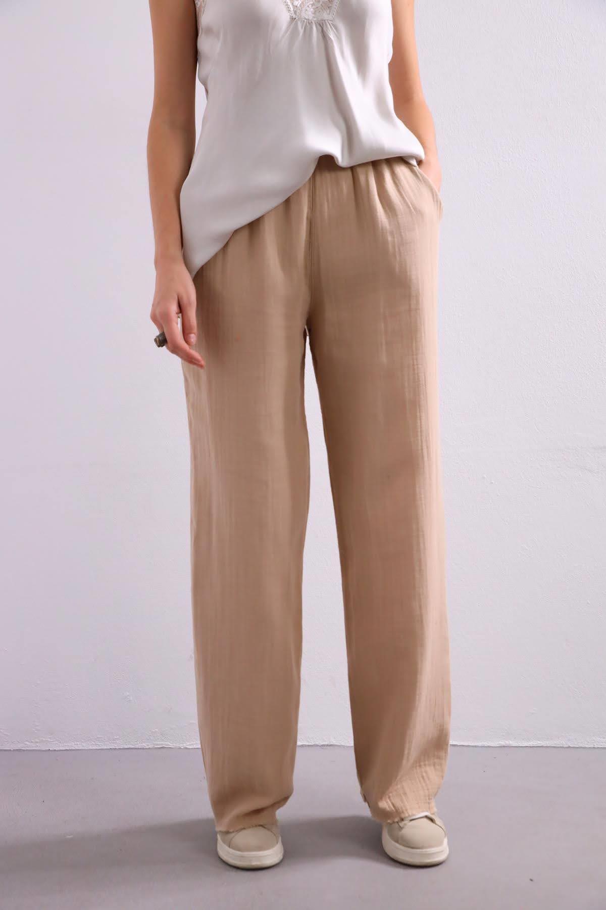 Camel Rengi Beli Lastikli Müslin Pantolon - Şaman Butik Camel Rengi Beli Lastikli Müslin Pantolon