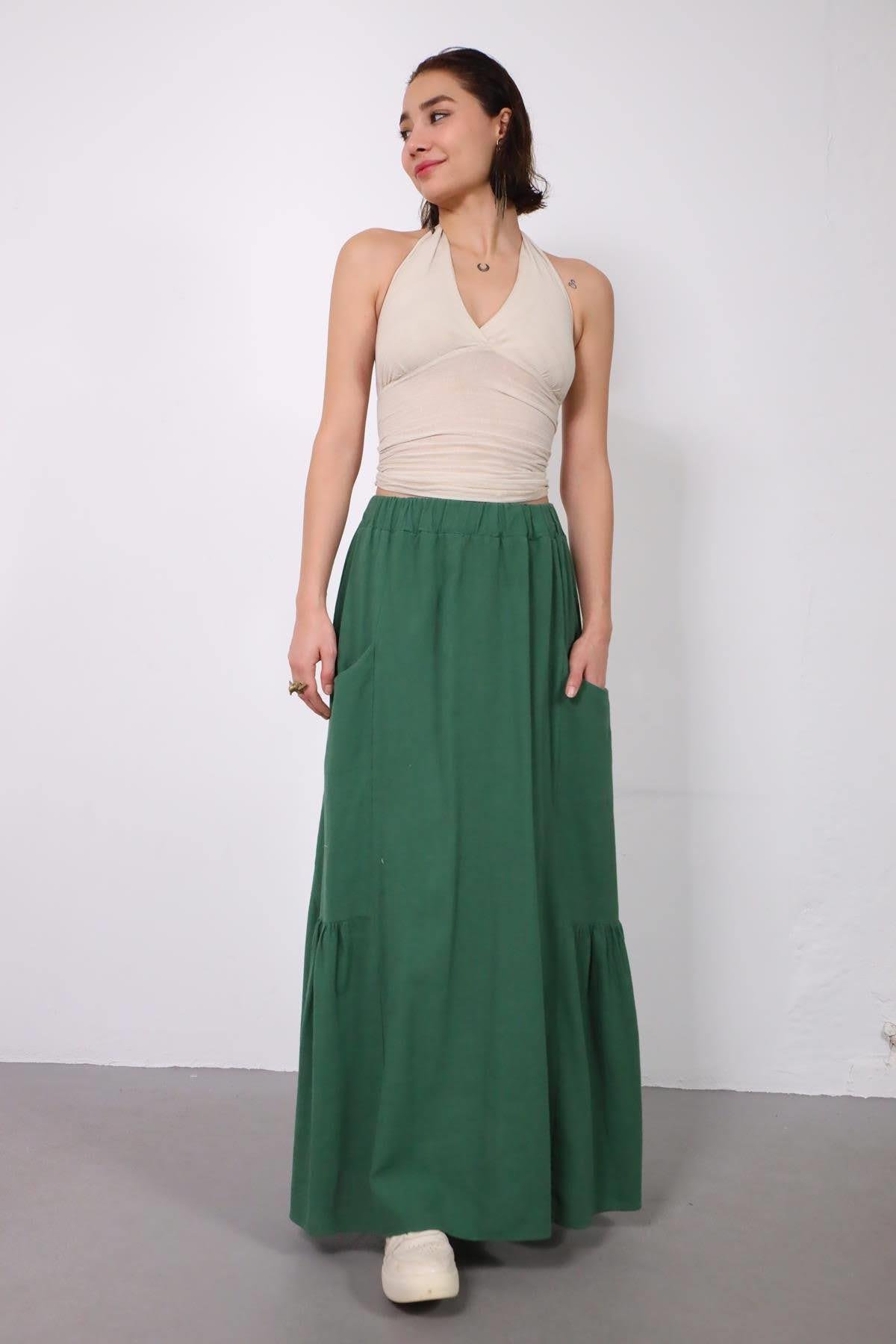  Yeşil Keten Cepli Pileli Etek