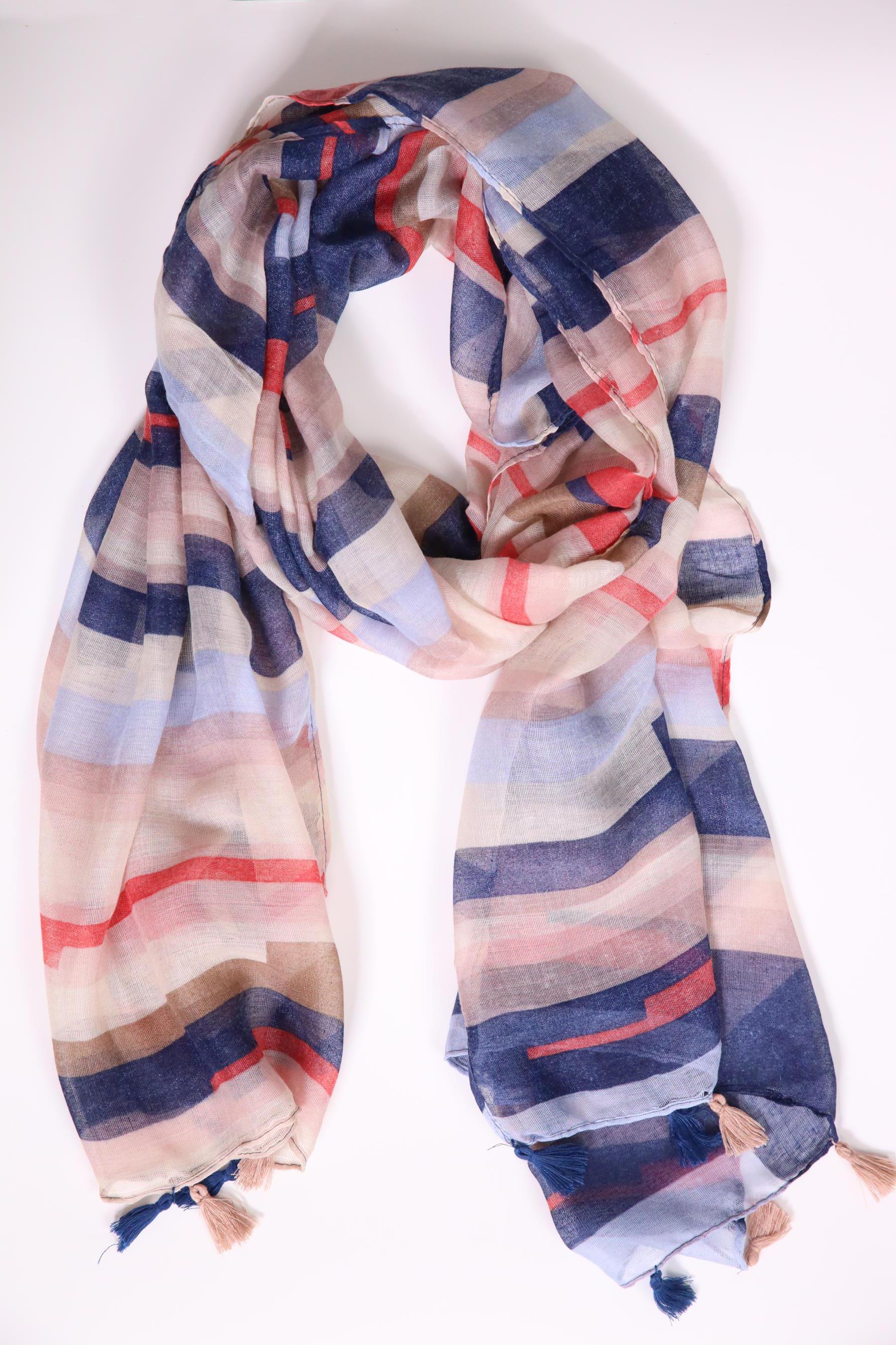  Lacivert Renkli Çizgili Püsküllü Şal