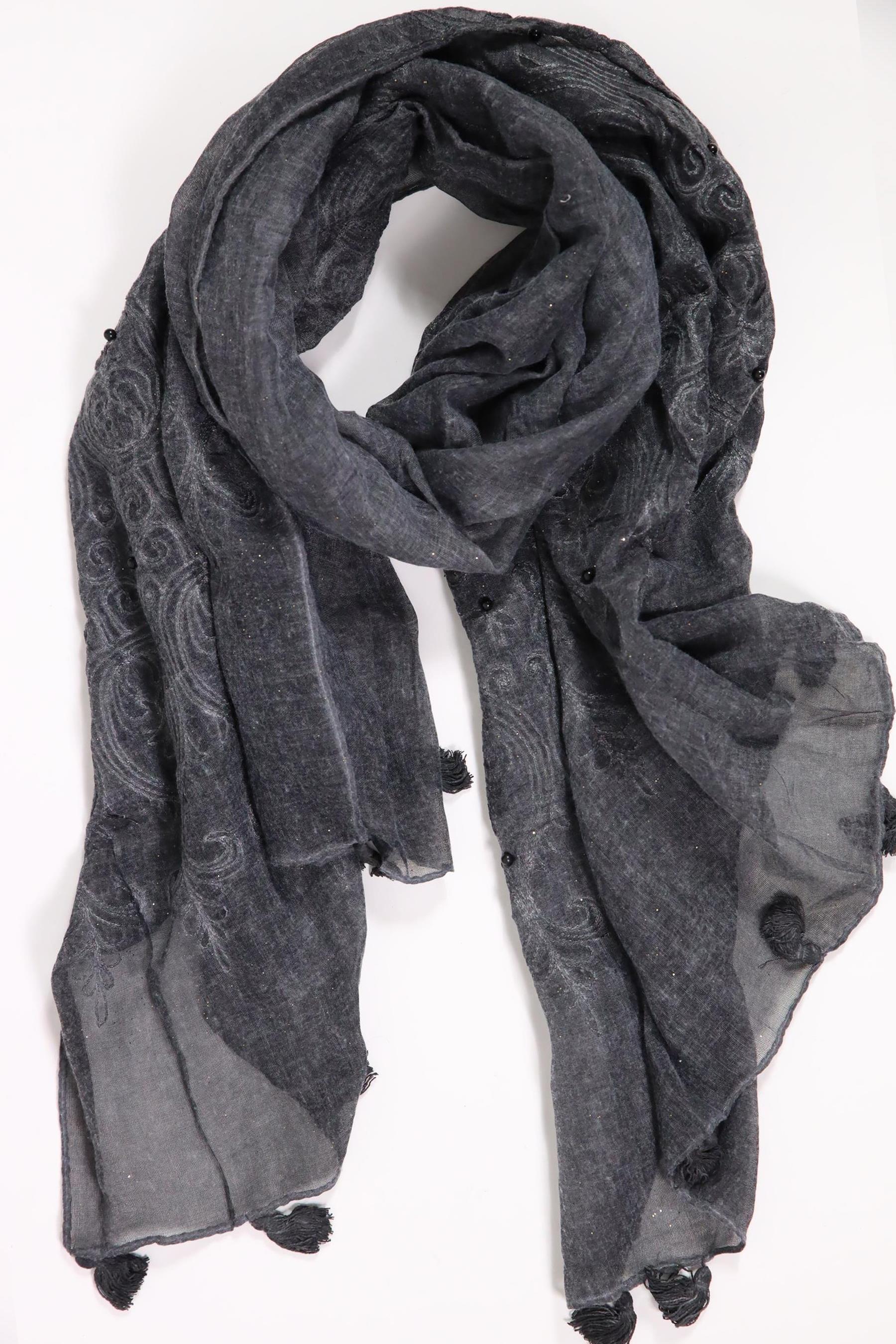 Antrasit Simli İnci İşlemeli Şal - Şaman Butik Antrasit Simli İnci İşlemeli Şal