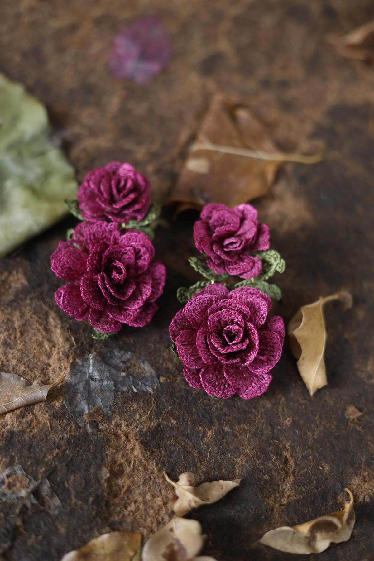 Purple Flower Design Needle Lace Clip Earrings