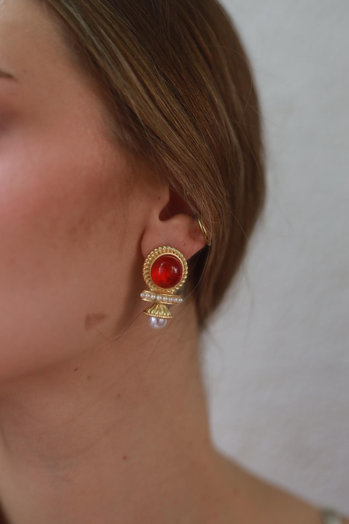 Red Stone and Pearl Detailed Gold Earrings