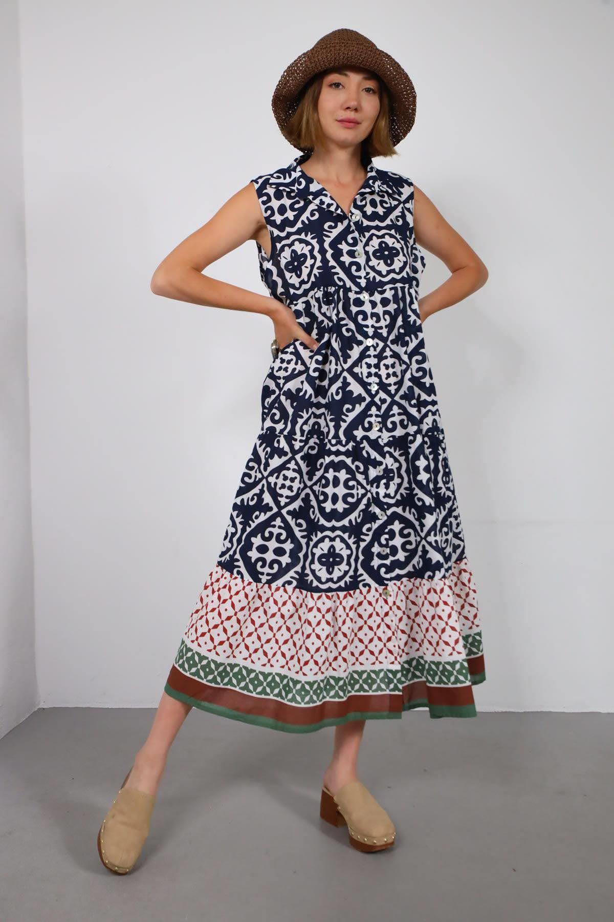 Lacivert Kilim Desenli Kolsuz Gömlek Elbise - Şaman Butik Lacivert Kilim Desenli Kolsuz Gömlek Elbise